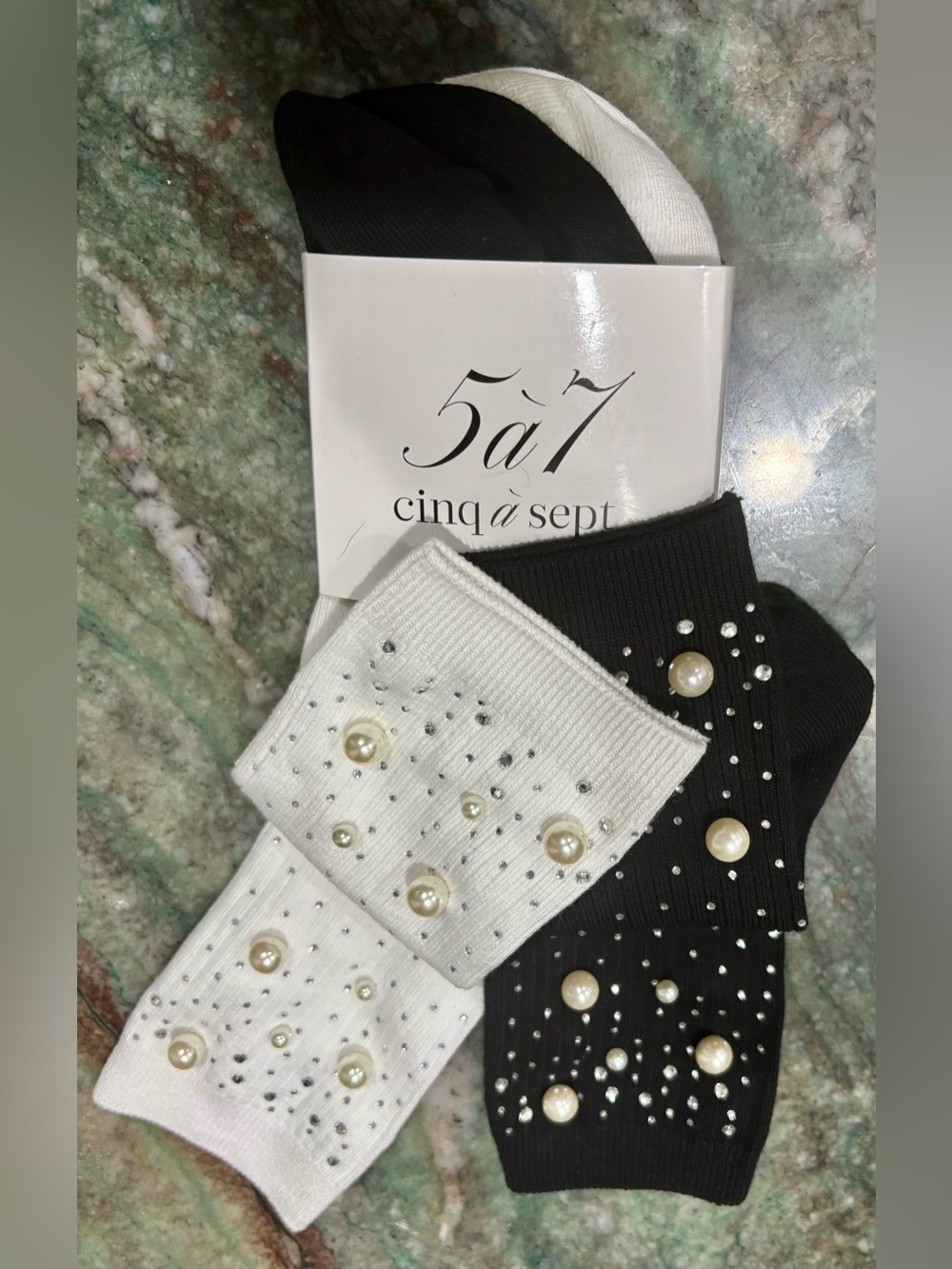 Cinq a Sept Pearl & Crystal Embellished Socks - Black & White